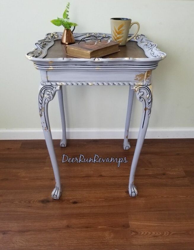 thrift store tab transformed with homemade chalky paint and gold leaf