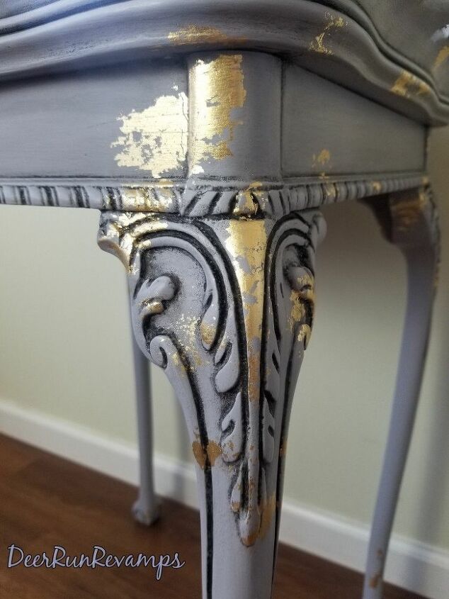 thrift store tab transformed with homemade chalky paint and gold leaf