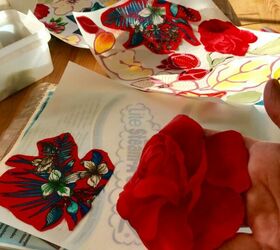 how to make your own amazing collage art decoupage from old clothes, Stick flower motifs into steam a seam sheets