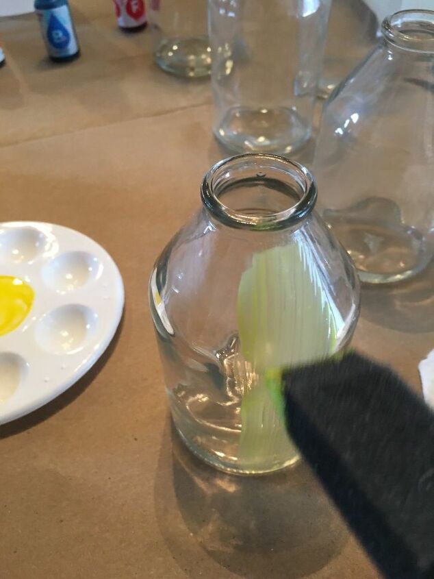 transform plain glass vases into gorgeous sea glass, Paint on the Glue Food Color Mixture