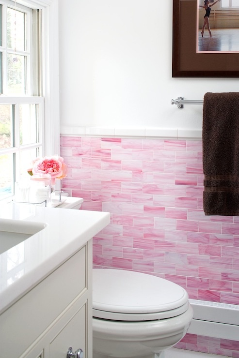 15 ways to get the look of subway tiles without the mess, Cut the Mess and Cost by Only Using Half of the Wall For Subway Bathroom Tiles