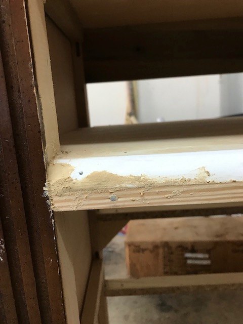 repurpose dresser to specialty kitchen cabinet, Shelf and trim