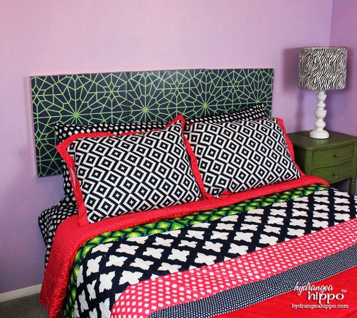 21 diy headboard ideas designed to spruce up your bedroom, Stenciled Headboard Inspired by Royal Design Studio