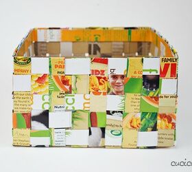 woven paper baskets made from cereal boxes