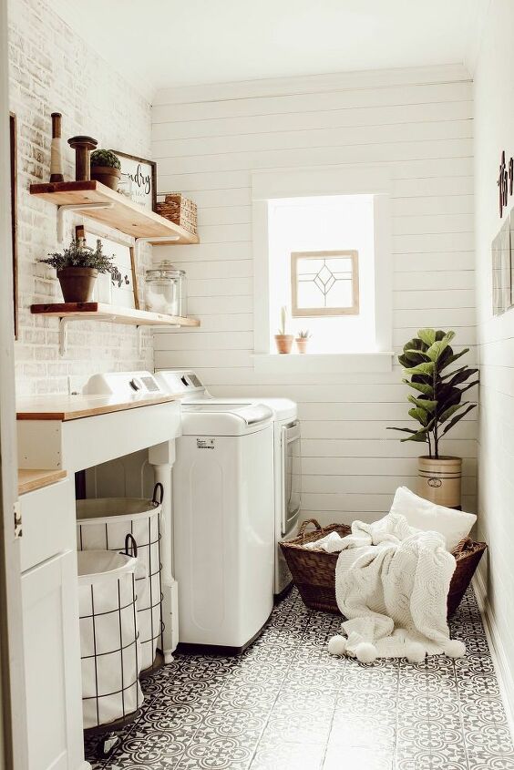 diy faux brick wall in laundry room