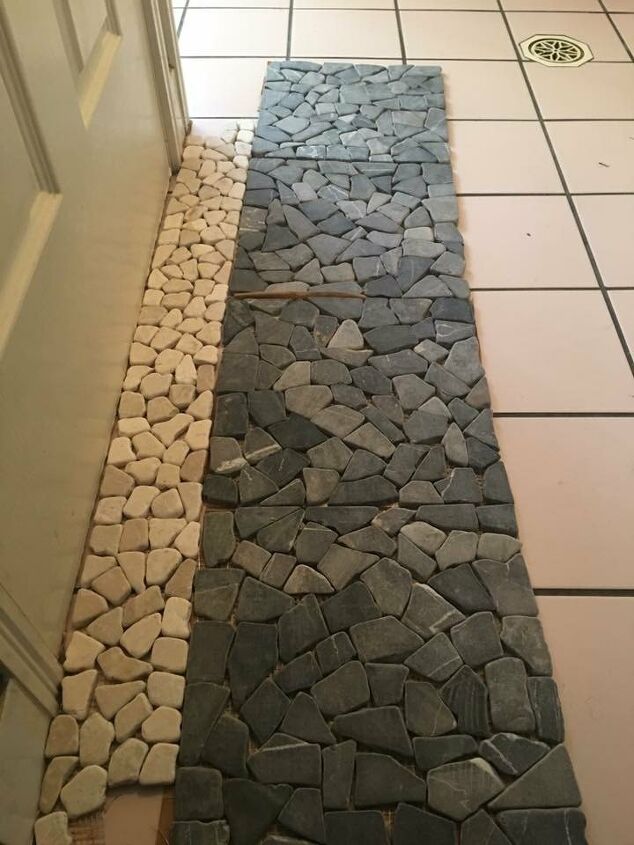 clever bathroom tile ideas, A Tile Effect That Rocks