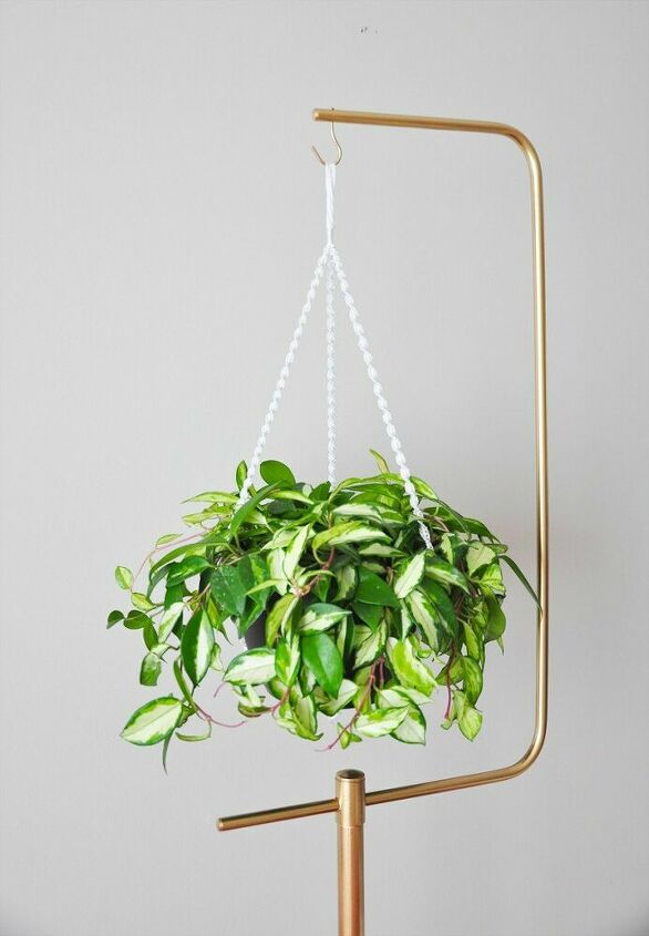 amazing diy projects for taking care of your hanging plants, DIY Macrame Plant Hanger Gold Plant Stand