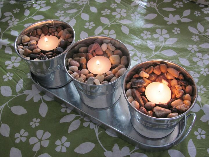 s diy decor using dollar items that you can make this weekend, Mini buckets make fire pits for your table