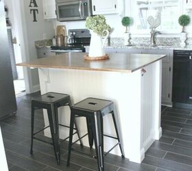 16 charming updates to achieve the farmhouse kitchen of your dreams, Budget Friendly DIY Farmhouse Kitchen Island to Solve Countertop Issues