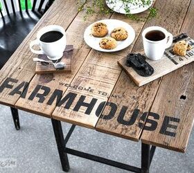 16 charming updates to achieve the farmhouse kitchen of your dreams, Faux Farmhouse Charm With This Funky Table Using Reclaimed Fence Boards