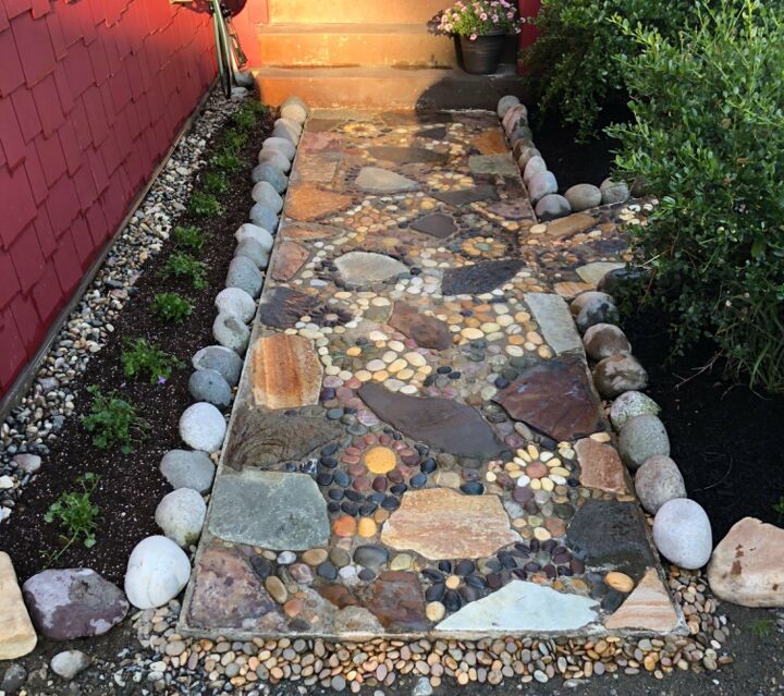 s creative ways to give your entrance a fresh look, Use stones to make a mosaic path