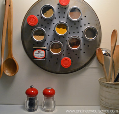 16 diy spice rack ideas to reorganize your kitchen storage, Pizza Pan Magnetic Spice Rack