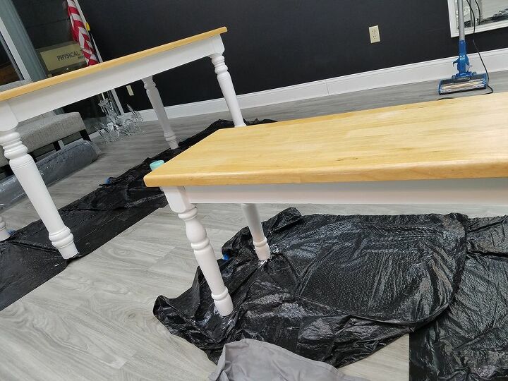 unify eclectic furniture pieces with paint, Table and bench before paint