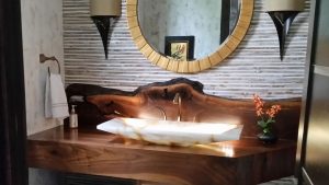 17 natural live edge wood projects to add authenticity to your home, Floating Bathroom Vanity Using a Live Edge Walnut Slab
