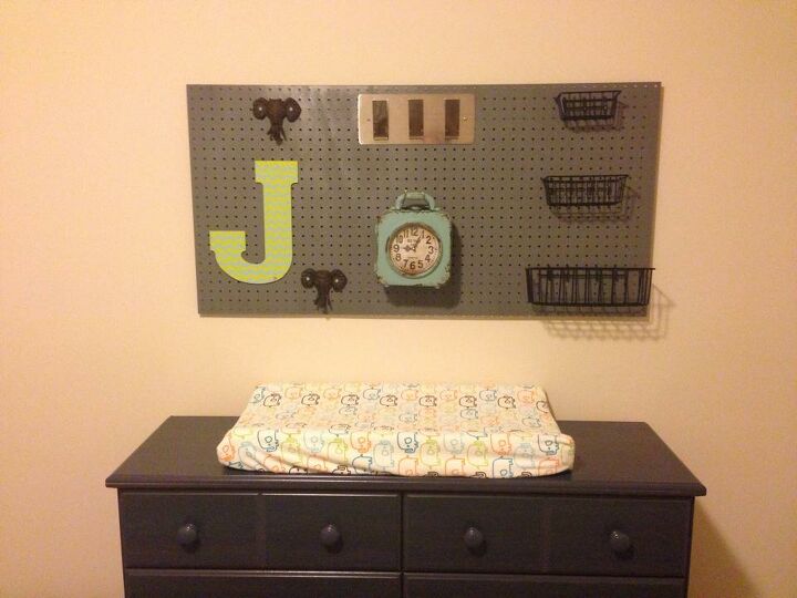 18 practical yet stylish diy pegboard ideas for the home, Cute and Practical Nursery Pegboard Above a Dresser Table