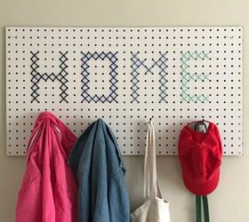 18 practical yet stylish diy pegboard ideas for the home, Cross Stitched Pegboard Hallway Coat Hanger