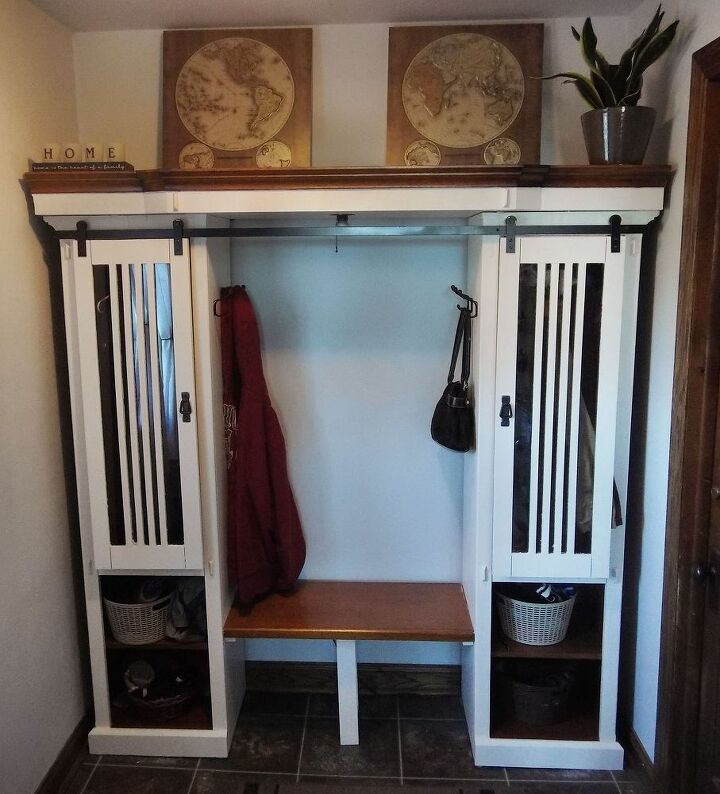 entertainment center becomes mudroom storage seating