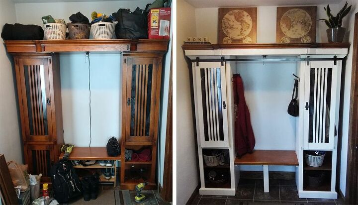 entertainment center becomes mudroom storage seating