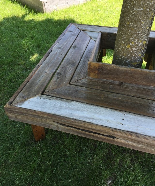 reclaimed wood tree bench