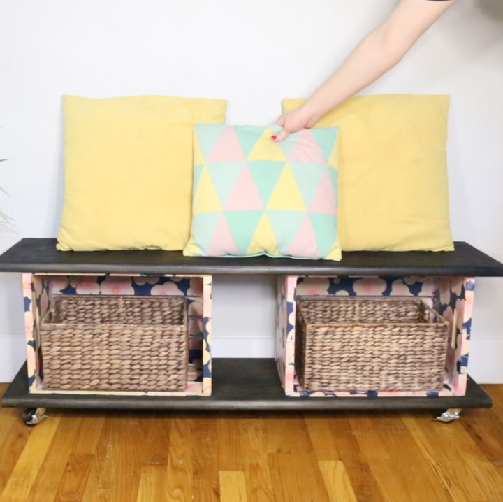 s 12 ways to decoupage ordinary items into extraordinary decor, Crate Bench Upcycle
