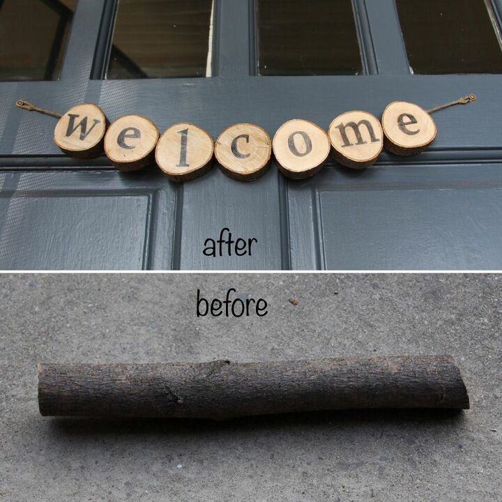 cartel de bienvenida en la puerta con rebanadas de madera, Cartel de Bienvenida de Rebanadas de Madera