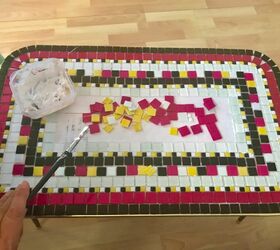 how to make a coffee table glamorous using glass mosaic tiles, Working on centre of mosaic