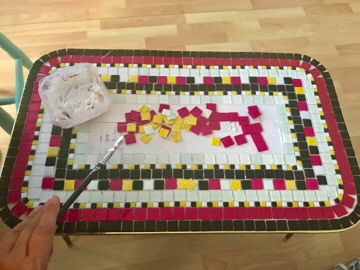 how to make a coffee table glamorous using glass mosaic tiles, Working on centre of mosaic