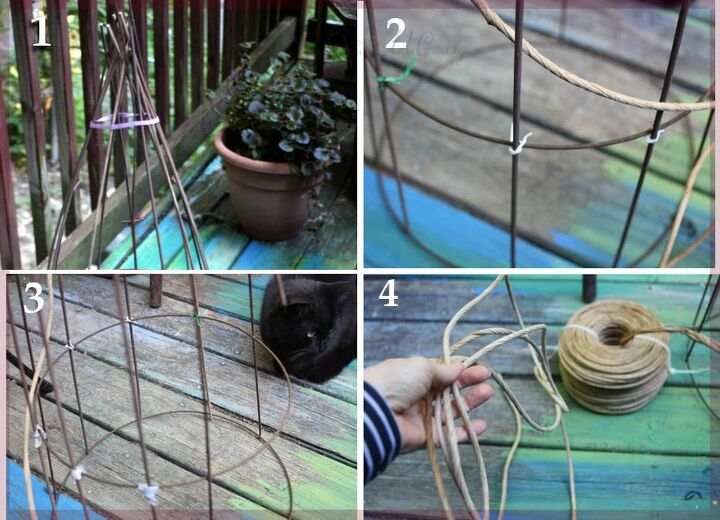 wicker style garden obelisk from a tomato cage