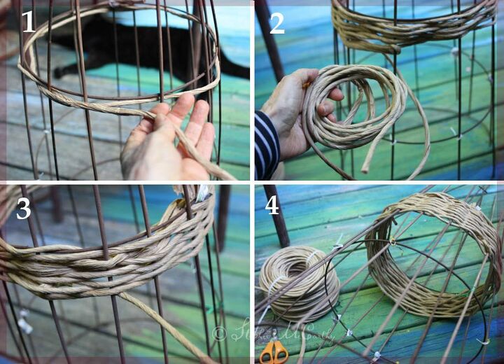 wicker style garden obelisk from a tomato cage