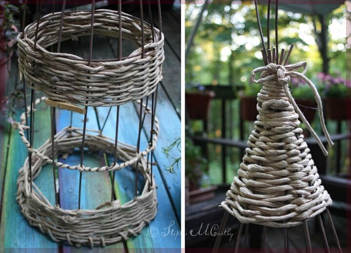 wicker style garden obelisk from a tomato cage