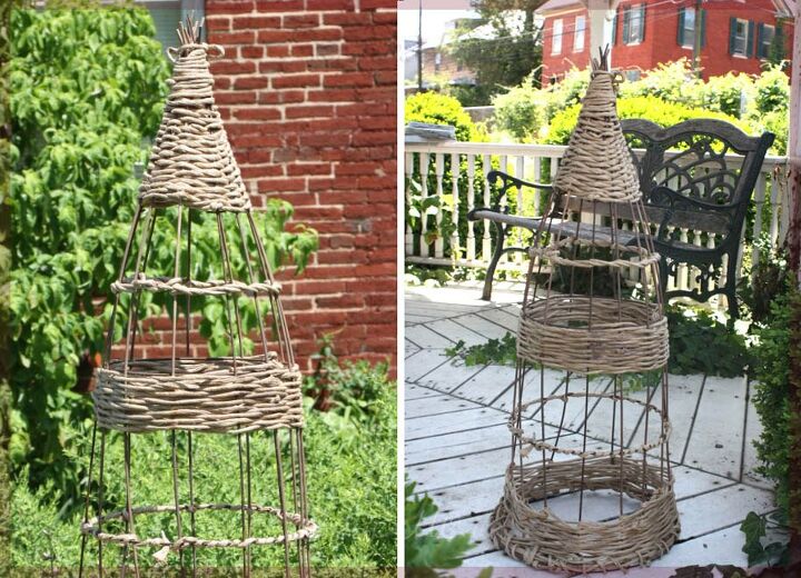 wicker style garden obelisk from a tomato cage
