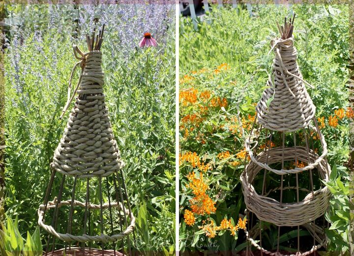 wicker style garden obelisk from a tomato cage