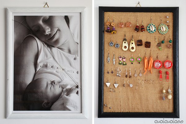 upcycled picture frame and burlap earring display