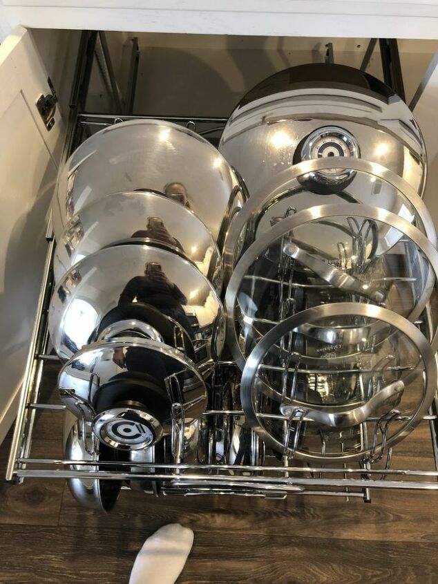 update kitchen bathroom storage pull out heavy duty wire baskets, Upper section for lid organization Love it