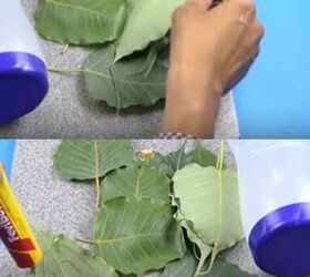 creative use of peepal leaves and plastic bottle to make flower vase