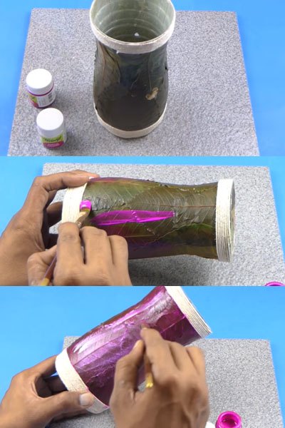 uso creativo de las hojas de peepal y la botella de plstico para hacer un jarrn de