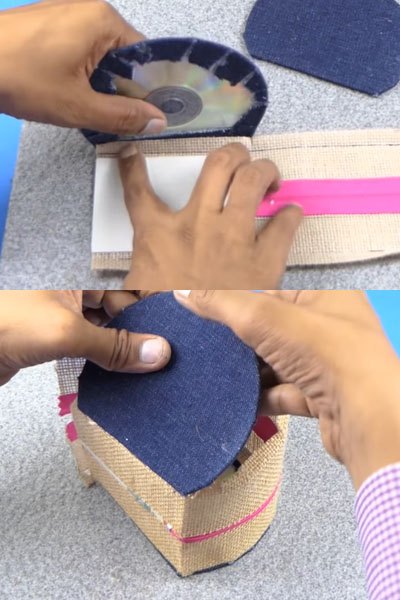 how to use old cd and denim cloth to make a storage box