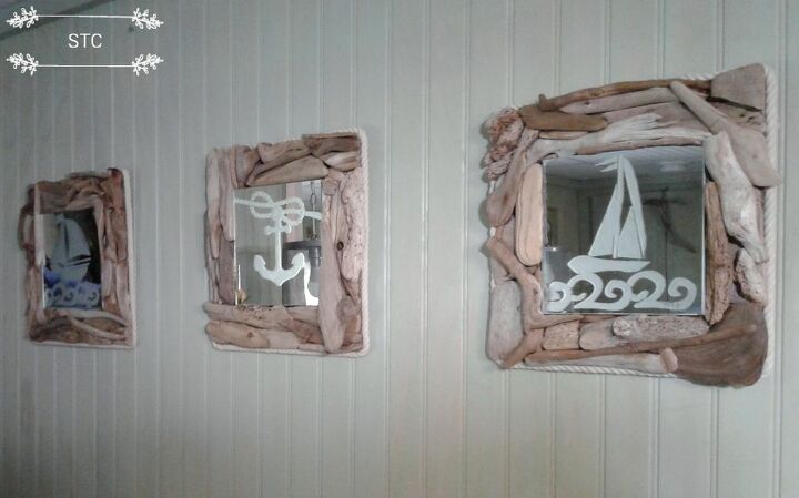 driftwood mirrors with nautical etching, Driftwood Mirror Set