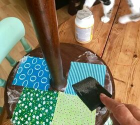 how to pimp up with patchwork and transform an old lamp stand, Cover the fabric either Mod Podge
