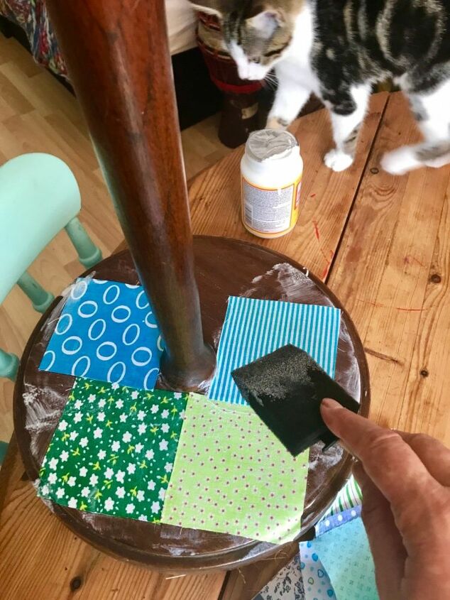 how to pimp up with patchwork and transform an old lamp stand, Cover the fabric either Mod Podge
