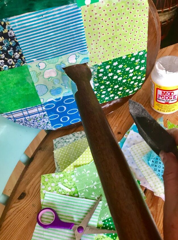 how to pimp up with patchwork and transform an old lamp stand, Mod Podge sealant over the top