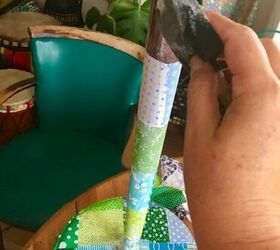 how to pimp up with patchwork and transform an old lamp stand, Wrapping fabric and pasting pod Podge