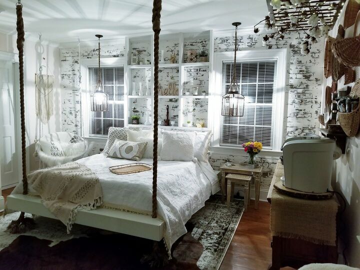 cama colgante remodelacin de la habitacin de invitados con ladrillos de imitacin, Dormitorio terminado