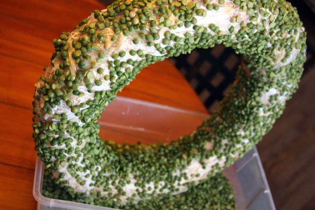 split pea wreath with burlap bow