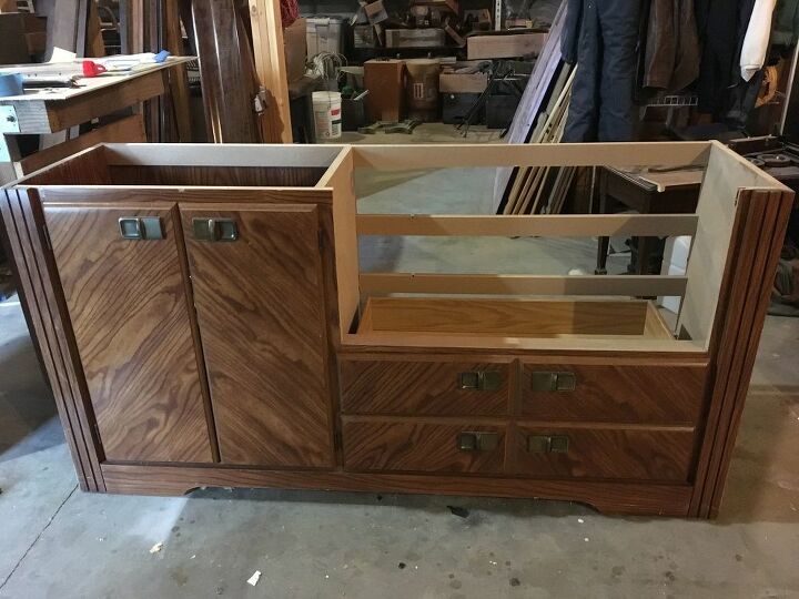 dresser repurposed into a storage bench, Top and two drawers removed
