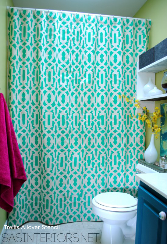 s 26 upgrades for people who aren t afraid of color, Stencil a plain white shower curtain to add any color to your bathroom