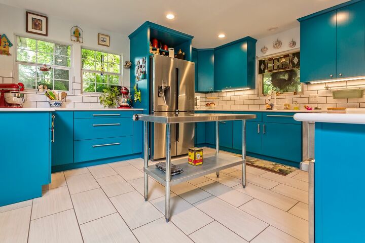 s 26 upgrades for people who aren t afraid of color, This gorgeous blue will make you want to stay in the kitchen all day