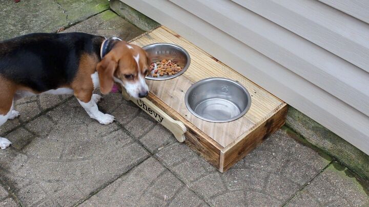 s 25 way people are still using pallets to make everything, Pallet board dog feeder
