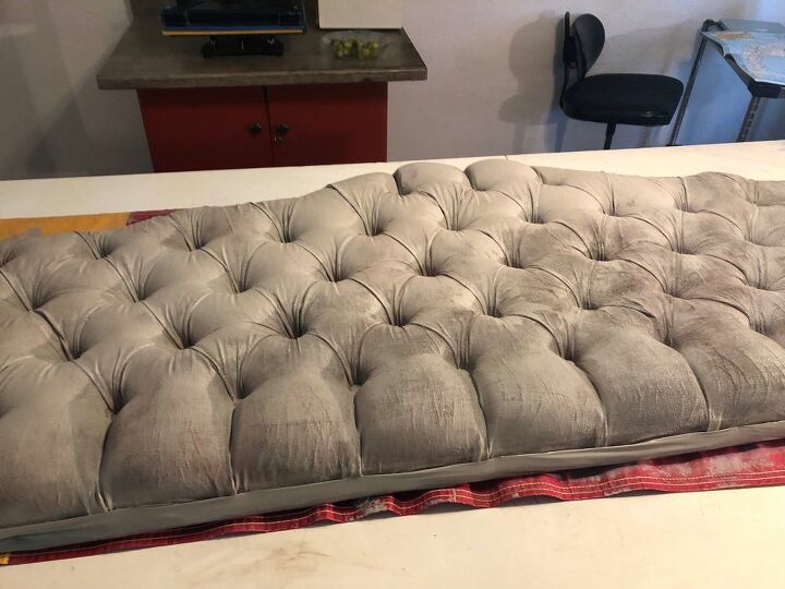 painted fabric headboard bright pink to calm gray, Fourth coat was a rap