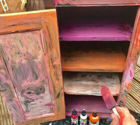 how to turn a dull old cupboard into bright tie dye effect must have, Painting inside with unicorn spit stain and g
